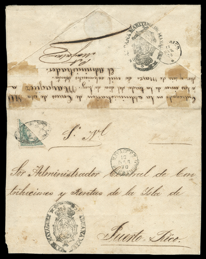 Cuba 47a, 1870 10c Green, diagonal half used as 5c, the lower left half tied by Parrilla killer to official letter from the Mayaguez Customs Office to the Treasury Department
in San Juan, MayaguezPuerto Rico16 Mar 70 c.d.s. and Puerto Rico
