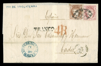 Cuba 48, 49, 1870 20c Red brown and 40c Rose, tied together by Parrilla killer on fresh folded cover to Cadiz, Spain, straightline Franco and matching Puerto Rico11 Oct, 70
c.d.s., endorsed Via de Ynglaterra, entered the British mails wit