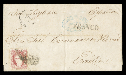 Cuba 49, 1870 40c Rose, beautifully centered single tied by Parrilla killer to fresh folded cover to Cadiz, Spain, straightline Franco and matching Puerto Rico11 Dic 70 c.d.s.,
endorsed Via Ynglaterra, entered the British mails with Puer
