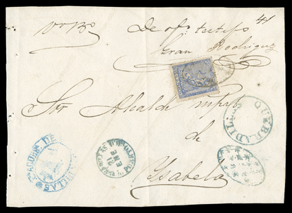 Cuba 51, 1871 25c Ultramarine, tied by Parrilla killer to Official cover front to Isabela showing blue circular Quebradillas pre-stamp postmark and matching Parrilla killer as
well as QuebradillasPuerto Rico 21 Ene c.d.s., very fine one of