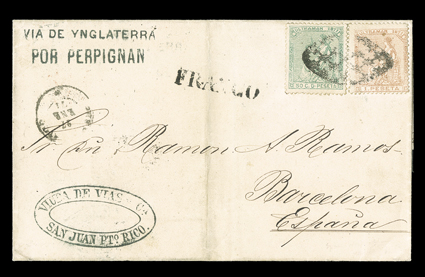 Cuba 52, 53, 1871 50c Gray green and 1P Pale brown, single of each tied to each other by Parrilla killer on folded mourning cover to Barcelona with straightline Franco and
Puerto Rico27 Ene 71 c.d.s., handstamp endorsed Via de YnglaterraP