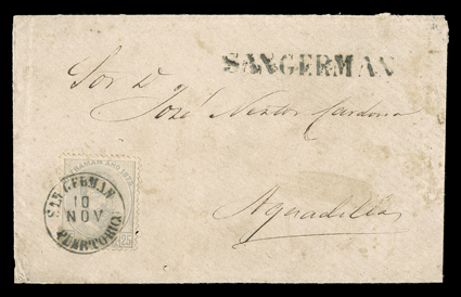 Cuba 55, 1873 25c Gray, tied by well-struck San GermanPuerto Rico10 Nov datestamp to cover to Aguadilla with additional straightline SAN GERMAN postmark, cover with a couple
worm holes, fine and scarce usage of the straightline handstamp a