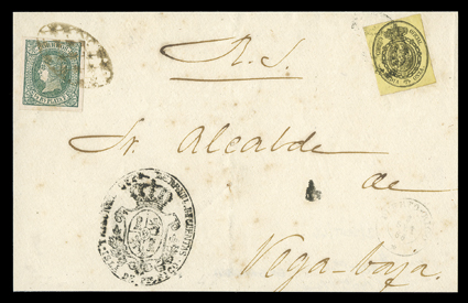 Spain O5, 1855 Media Onza Black on Yellow Official, clear to large margins, tied to Official cover front to the Mayor at Vega Baja from the Treasury Dept. in San Juan, Puerto
Rico3 Set, 66 c.d.s. at lower right, 1864 12r Green (18) affixe