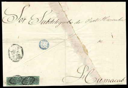 Spain O7, 1855 Cuatro Onzas Black on green Official, vertical strip of three, large margins to in at left, tied by two strikes of Parrilla killer to large Official cover front
to the Head of the Finance Dept. at Humacao sent by the Treasury De