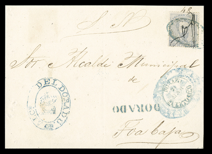1, 1873 25c Gray, tied by blue Parrilla killer to Official cover front from the Mayor of Dorado to the Mayor of Toa Baja, with matching DoradoPuerto Rico21 Mar c.d.s. and very
rare DORADO straightline postmark, very fine an uncommon use o