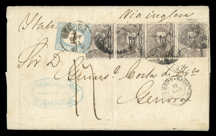 2, 1873 50c Brown, two horizontal pairs, tied to 1874 folded cover to Genoa, clear Puerto-Rico12 Set c.d.s., red LondonSp 29, 74 transit backstamp and Genoa receiver, rated due
with Italy 1874 1L Light blue and brown Postage Due (J13) add