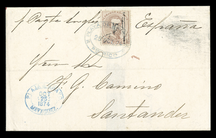 3, 1873 1P Red brown, single with excellent centering, tied by blue double oval Playa de MayaguezPto. Rico25 Oct 74 datestamp to fresh folded cover to Santander, Spain,
endorsed pr Paqte Yngles, entered the British mails with Mayaguez Po