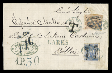 5, 7, 1875 25c Ultramarine and 1P Brown, singles of each, latter with a few trivial foxed perfs. not noted on the certificate, tied by separate strikes of blue Parrilla killer
to folded letter to Soller (Balaeric Islands), clear matching Lares,