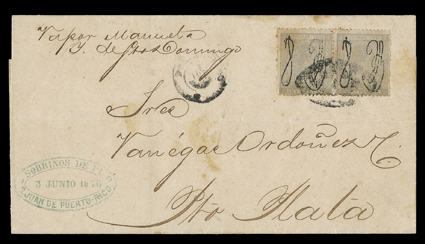 8a, 1876 25c Bluish grey, horizontal pair with some light toning, tied by Parrilla killer to folded cover to Puerto Plata, Dominican Republic, Puerto Rico3 Jun, 76 dispatch
postmark, endorsed Vapor Maurietay de Santo Domingo very fine e