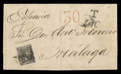 10, 1876 1P Black, single tied to folded cover to Malaga, Spain, Puerto Rico dispatch c.d.s. and red 30 Puerto Rico area mark, T1.10 Spanish due handstamp and Madrid transit
backstamp, very fine scarce use of this high value from Puerto Ri