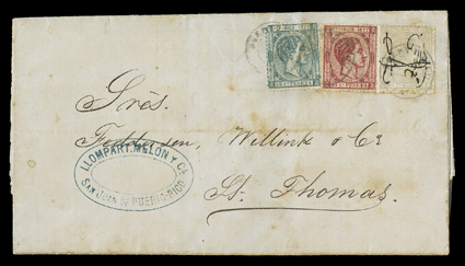11, 14-15, 1876-77 25c Pale violet, 10c Carmine and 15c Deep green, singles of each tied by three strikes of Puerto Rico dispatch c.d.s. to folded letter to St. Thomas
(D.W.I.), St. Thomas6.18, 1877 arrival backstamp, some light stamp and cov