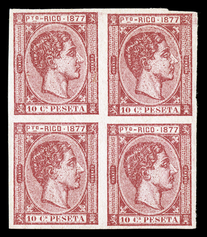 13-14, 16, 22, 1877-78 5c, 10c, 25c and 1P Alfonso XII imperforate proofs, lot comprised of 5c block of four, 10c block of four, 25c two blocks of four and a pair and 1P block
of four and two singles, plus printers waste singles of 1878 25c, 50