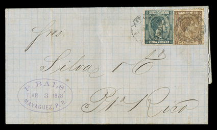 15, 19, 1877 15c Deep green and 1878 10c Red brown, singles of each tied by Mayaguez c.d.s. to 3 March 1879 folded letter to San Juan, very fine the only known cover franked by
the 1878 10c Red brown this stamp was scarcely used for postag