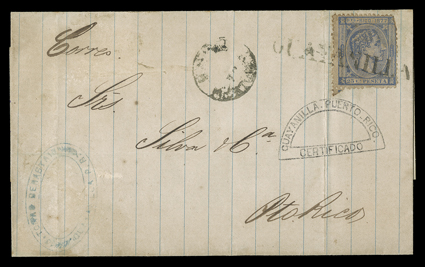 16, 1877 25c Ultramarine, single with bit of top right corner missing, tied by straightline GUAYANILLA pre-philatelic period handstamp to registered folded cover, matching worn
out strike of c.d.s. alongside and unrecorded semi-circular G