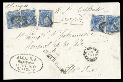 16, 1877 25c Ultramarine, five singles tied by Parrilla killers to registered Official cover front from Mayaguez City Hall to the Governor General of the Island, MayaguezPuerto
Rico20 Mar c.d.s. and matching straightline Certificado, ms. 