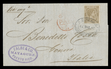 17, 1877 50c Bister, tied by oval Playa de MayaguezPto. Rico24 Dic. 77 datestamp to folded cover to Genoa, Italy, bold St. Thomas27.12, 1877 transit backstamp, red London Paid
transit and Genoa receiver, fresh and very fine.