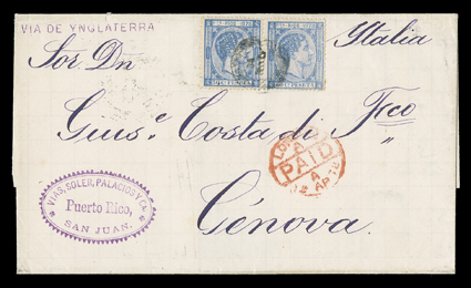 21, 1878 50c Ultramarine, horizontal pair just tied by Puerto Rico dispatch c.d.s. to immaculate cover to Genoa, Italy, endorsed Via de Ynglaterra, red London Paid transit and
Genoa receiver, extremely fine.