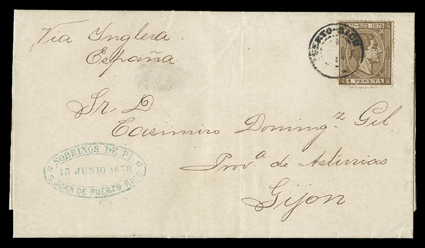 22, 1878 1P Bister, small pre-affixing faults, tied by bold Puerto Rico dispatch c.d.s. to fresh 13 June 1878 folded letter to Gijon, Spain, endorsed Via Ynglesa but no British
transit markings, so probably carried by French packet in a seal