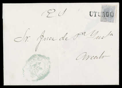 38, 1880 25c Gray blue, tied by straightline UTUADA to full Official Judicial cover sent to the Circuit Judge at Arecibo, very fine and choice an uncommon use of this stampless
period town mark.