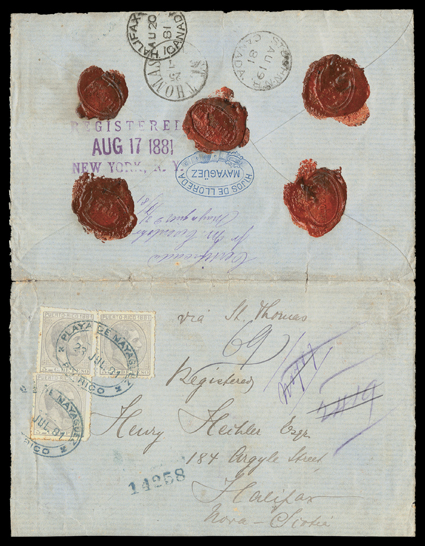 51, 1881 5c Grayish ultramarine, three singles, one a bit toned at bottom left, tied by two strikes of blue Playa de Mayaguez23 Jul 81 datestamp to registered cover to Halifax,
Nova Scotia, endorsed via St. Thomas and carried by British