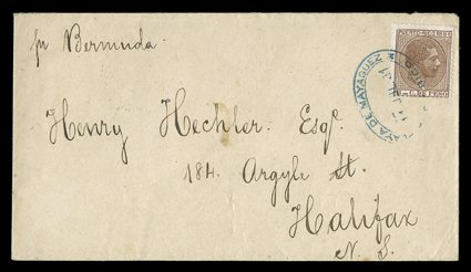 52, 1881 8c Brown, tied by blue oval Playa de Mayaguez11 Jul 81 datestamp to cover to Halifax, Nova Scotia, endorsed pr Bermuda steamship, New YorkPaid AllJul 21, 81 duplex
backstamp and Halifax receiver, fresh and very fine.