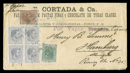 63, 66, 69, 1882-86 1c Gray green, 3c Yellow brown and 5c Gray blue, 2nd retouch, first two singles, 5c a block of four, tied by blue double circle Playa de PoncePto. Rico8 Ene
88 datestamps to advertising cover to Hamburg, Germany, endorsed