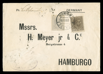 69-70, 1882-86 5c Gray blue, 2nd retouch and 8c Gray brown, tied by clear double cirlce Mayaguez(Pto. Rico)8 Ago 89 datestamp to pre-printed address cover to Hamburg, endorsed
Via Espanola, Irun transit and Hamburg arrival backstsamps, ver