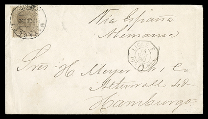 70, 1882 8c Gray brown, tied by MayaguezPto. Rico12 Ct. 90 c.d.s. to cover to Hamburg, endorsed Via Espana but carried by French packet with octagonal Ligne FPaq. Fr. No 114
Oct 90 postmark, Paris transit and Hamburg arrival backstamps