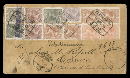 77, 85, 89, 101, 105, 1890-97 ½m Red brown, 2m Red orange, 4m Yellow brown, 2c Lilac and 3c Olive gray, a spectacular franking comprised of ½m pair, 2m pair, 4m two pairs, 2c
single and 3c three singles to pay the 13c rate, all tied to each othe