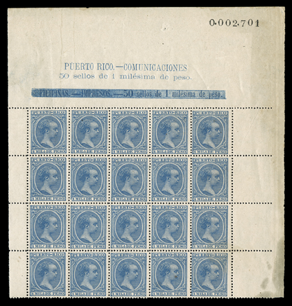 81, 1894 1m Ultramarine, block of twenty, with full sheet selvages at top, left and right, top sheet-margin with Filipinas. - Impressos.- 50 sellos de 1 milesima de peso.
imprint mistakenly printed in the top selvage and obliterated with solid