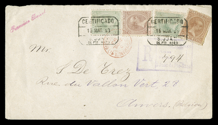 95, 99, 112, 1890-97 1c Yellow brown, 2c Brownish violet and 5c Blue green, 1c damaged corner from placement at cover edge, tied by two strikes of boxed Certificado16 Mar 93S.
Juande Pto. Rico postmark to registered cover to Anvers, Belgi