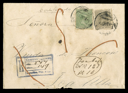 125, 130, 1890 20c Olive gray and 80c Yellow green, singles of each, 20c with trivial corner crease, tied by two strikes of Arecibo2 Ene 90 datestamps to registered cover to
Toa Alta, sealed with wax on reverse and string all around (mostly s