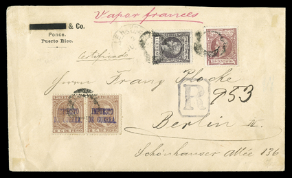 140, 149, MR6, 1898 1c Black violet, 20c Maroon and 2c Red brown War Tax, singles of first two and horizontal pair of latter, tied to registered cover to Berlin, Germany,
octagonal R handstamp, endorsed Vapor francais and Le Havre entry c.d.