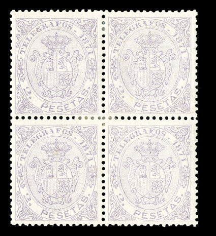 Edifil 1, 12s, 15-16, 17s, 1871-78 Telegraph stamps, mint blocks of four of 1871 2P Violet, 1876 4P Yellow imperforate, 1877 2P Green and 4P Brown and 1878 2P Ultramarine
imperforate, well centered and margined, o.g., two imperforate blocks n.h.