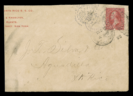 200, 1898 Ponce Handstamped Provisional 5c Violet on yellowish, mostly clear strike on cover front only to Aguadilla, with U.S. 2c Carmine applied as a cancellation to indicate
that the municipal postal fee for civilian internal mail hand been p