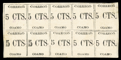 201, Coamo Provisional 5c Black, Types I-IV, a remarkable full sheet of ten, pos. 1 Ty. II, pos. 2-5 and 9-10 Ty. I, pos. 7-10 Ty. III and pos. 8 Ty. IV, light violet
handstamped control mark with the Mayors name F. Santiago, ample to lar
