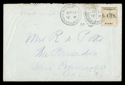 201, Coamo Provisional 5c Black, Ty. II, ample to large margins all around, fresh color and strong impression, tied by Military Sta. 1Porto Rico. Wash. D.C.Sep 10, 98 duplex
postmark to cover to Presidio, Cal., postmark repeated at left, Ne