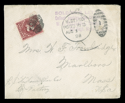 Playa de Ponce Military Station No. 1, cover with clear M. Sta No. 1Porto RicoAug 3, 98 duplex provisional railway postmark on cover to Marlboro, Mass. struck over violet
Soldiers LetterCollect postage from AddreseeW.F. Dusseault, Chaplai