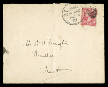 Playa de Ponce Military Station No. 1, cover to Wrentham, Mass franked by 2c Red tied by well struck M. Sta. No. 1Porto RicoAu 6, 98 provisional railway duplex postmark,
backstamped, harmless vertical pocket fold, very fine.