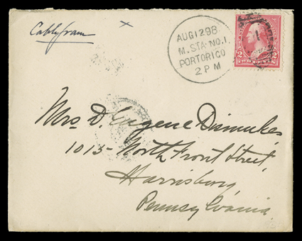 Playa de Ponce Military Station No. 1, cover to Harrisburg, Pa. franked by 2c Red tied by perfect full strike of Aug 12 98M. Sta. No. 1Porto Rico provisional railway duplex
postmark set in a different configuration than the previous lot, back