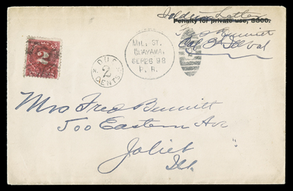 Guayama Military Station No. 2, endorsed soldiers cover to Joliet, Ill. with well struck Mil. St.Guayama,Sep 26 98P. R. provisional railway duplex postmark, N.Y.Due2Cents and
precancelled 2c Postage Due affixed (J39), New York wavy li