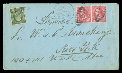 Mayaguez Military Station No. 3, civilian cover to New York franked by 1c Deep green and pair of 2c Red to pay the UPU rate, showing clear Mil. St.MayaguezSep 16 98P. R.
provisional railway duplex postmark, Military Station No. 1 transit and