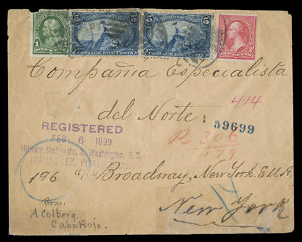 Mayaguez Military Station No. 3, registered cover to New York franked by 1c Deep green (defective), 2c Red and two 5c Trans-Mississippis tied by oval cancels, purple
RegisteredFeb 6 1899Military Station No. 3, Washington, D.C.Mayaguez, Porto