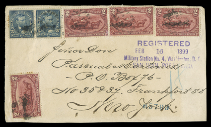 San Juan Military Station No. 4, registered cover front only to New York franked by pair 5c Dark blue and four 2c Trans-Mississippis cancelled by segmented cork, mostly bold
full strike of purple RegisteredFeb 16 1899Military Station No. 4, Wa