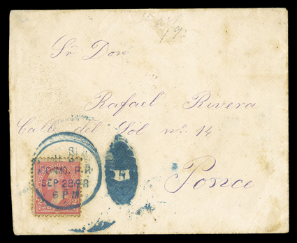 Coamo Military Station No. 5, cover to Ponce with bold blue Mil. Sta.Coamo. P.R.Sep 28 986 PM provisional railway duplex postmark, Military Station No. 1 backstamp, stamp and
cover with some light toning, fine Coamo is by far the rarest of