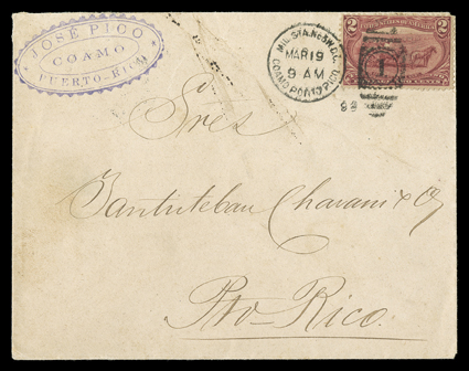 Coamo Military Station No. 5, cover to San Juan franked by 2c Trans-Mississippi tied by strong strike of Mil. Sta. No. 5 W.D.C.Coamo Porto RicoMar 19, 99 duplex postmark, San
Juan Military Station backstamp, small stains at top center, otherw
