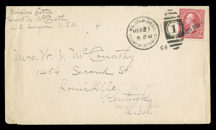 Coamo Military Station No. 5, soldiers cover to Louisville, Ky. franked by 2c Reddish carmine overprinted Porto Rico tied by well struck Mil. Sta. No. 5 W.D.C.Coamo Porto
RicoMar 21 99 duplex postmark, Ponce Military Station transit and Lo