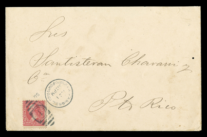 Utuado Military Station No. 6, civilian cover to San Juan franked by 2c Red tied by mostly clear Mil. Sta. No. 6 W.D.C.Utuado Porto RicoDec 1, 98 duplex postmark, Arecibo
transit and San Juan Military Station backstamps, cover reduced at top,