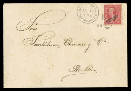 PUtuado Military Station No. 6, cover to San Juan franked by 2c Reddish carmine overprinted Porto Rico tied by clear Mil. Sta. No. 6 W.D.C.Utuado Porto RicoApr 11, 99 duplex
postmark, San Juan Mulitary Station backstamp, cover reduced at bo