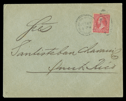 Yauco Military Station No. 7, civilian cover to San Juan franked by 2c Red tied by Mil. Sta. No. 7 W.D.C.Yauco Porto RicoOct 21 98, San Juan Military Station backstamp, very
fine the earliest of the three recorded examples.
